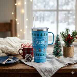 Aldi Gear Christmas Mug 30oz Stainless Steel Tumbler Handle Straw Holiday 2024